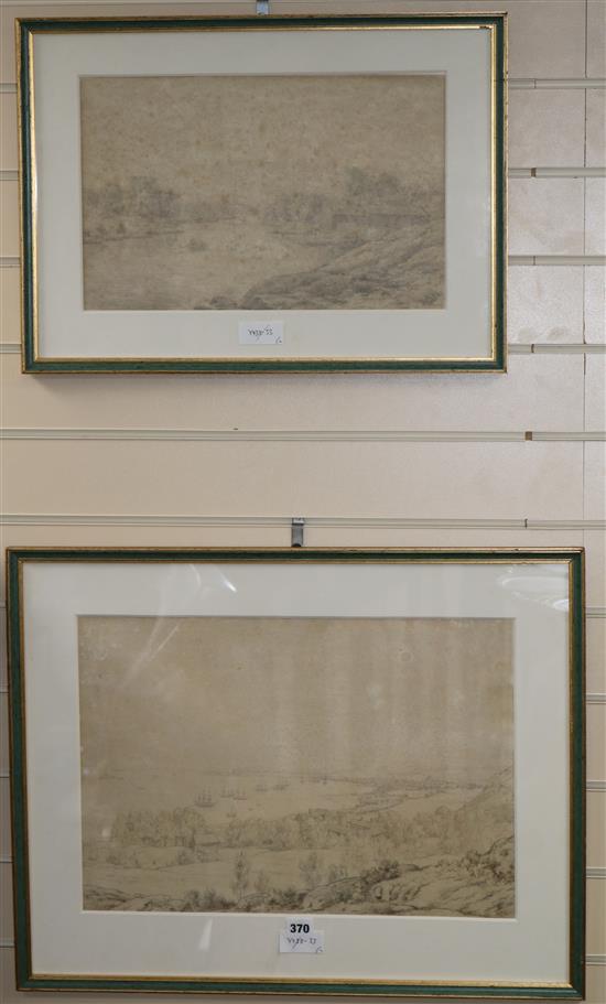 Joshua Edward Cooper (1798-1863) two pencil drawings, Scandinavian coastal towns, Largest 35 x 50cm.